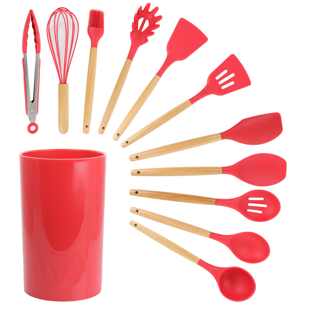 MegaChef Silicone And Wood Cooking Utensils, Red, Set Of 12 Utensils MPN:995114361M