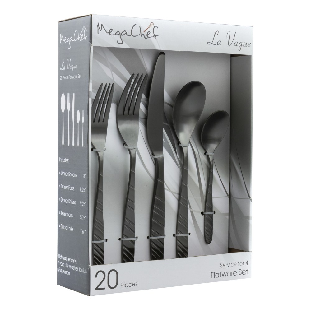 MegaChef La Vague 20-Piece Stainless-Steel Flatware Set, Matte Black MPN:995112466M