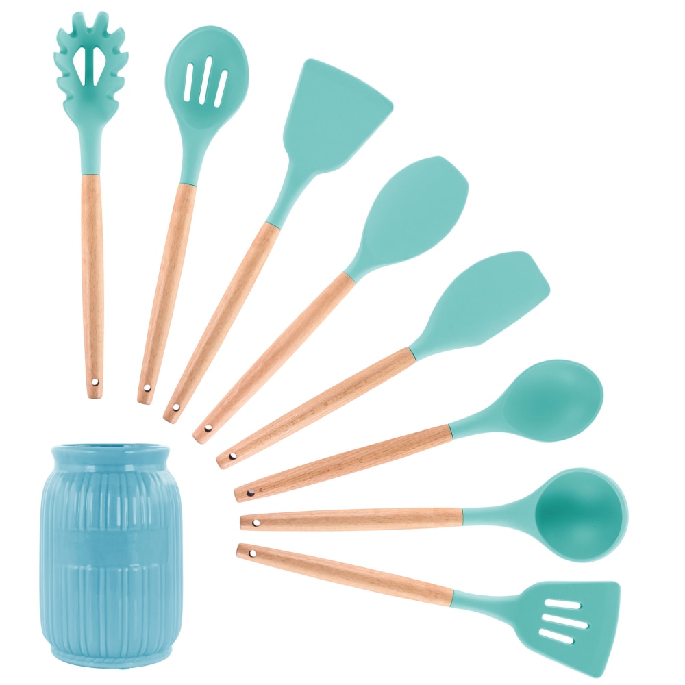 MegaChef 9-Piece Silicone And Wood Cooking Utensil Set, Light Teal MPN:995114607M