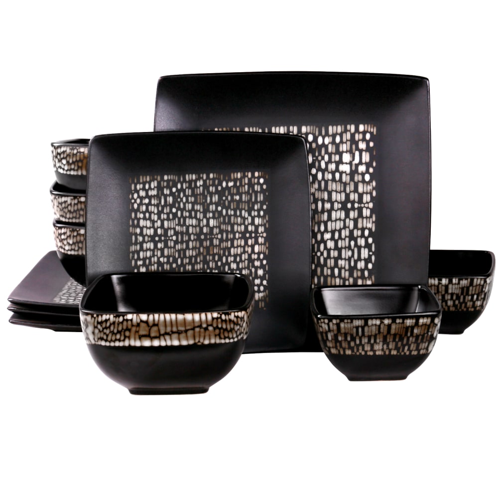 Elama 16-Piece Stoneware Dinnerware Set, Black/Tan MPN:995106199M