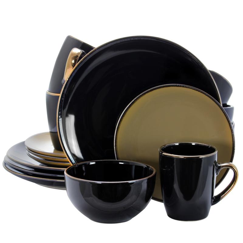 Elama 16-Piece Stoneware Dinnerware Set, Black/Warm Taupe MPN:995109540M