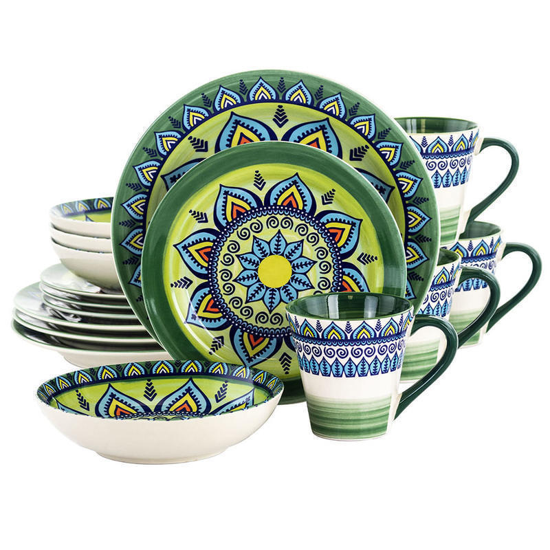 Elama 16-Piece Stoneware Dinnerware Set, Green Mozaik MPN:995111819M