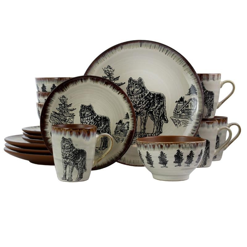 Elama 16-Piece Stoneware Dinnerware Set, Taupe/Majestic Wolf MPN:995112048M