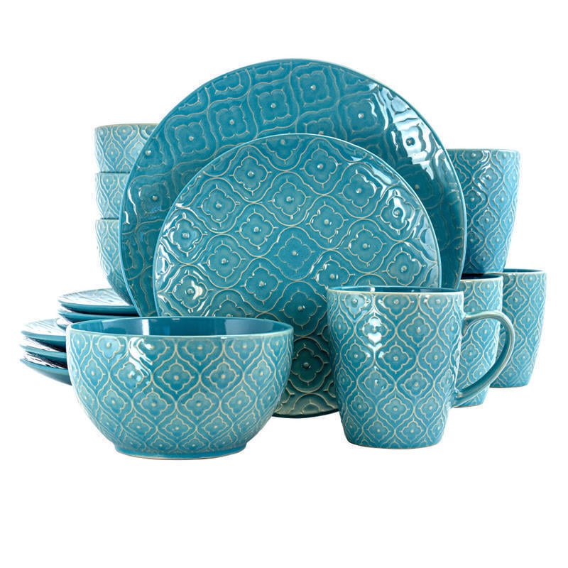 Elama 16-Piece Stoneware Dinnerware Set, Aqua Lily MPN:995112663M