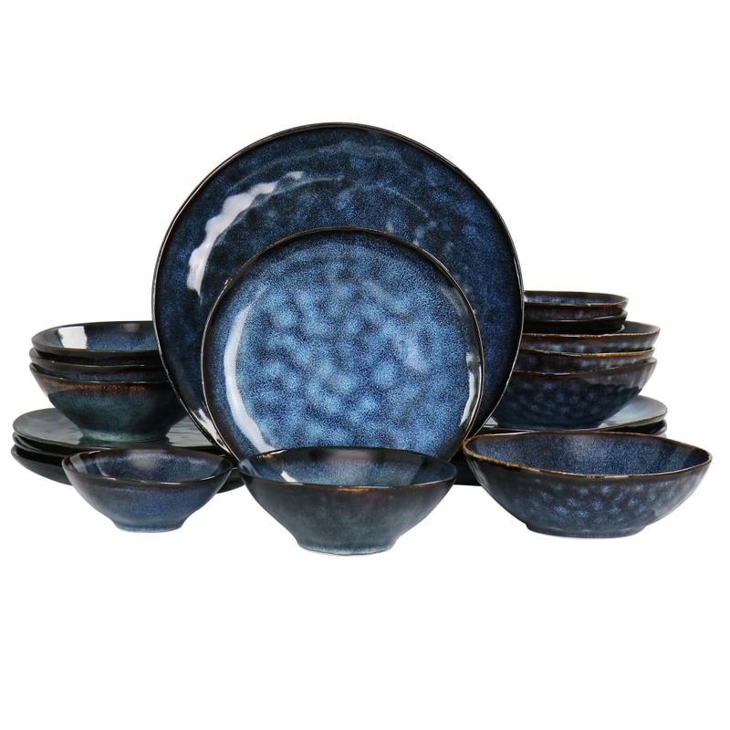 Elama Lucca 20-Piece Round Stoneware Triple-Bowl Dinnerware Set, Blue/Brown MPN:995115043M