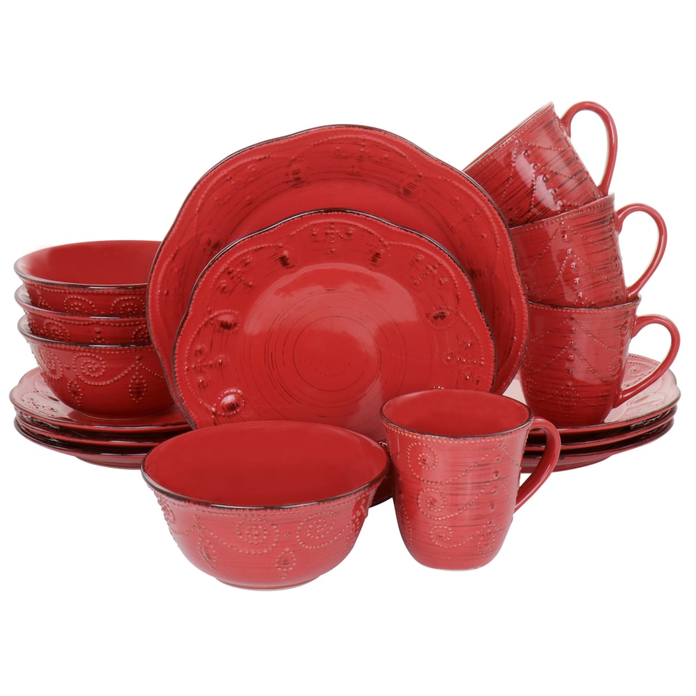 Elama Rustic Birch 16-Piece Stoneware Dinnerware Set, Red MPN:995115325M