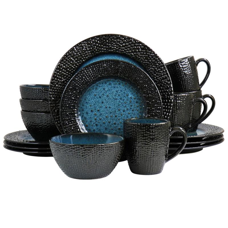Elama Estevan 16-Piece Round Textured Stoneware Dinnerware Set, Charcoal/Blue MPN:995115333M