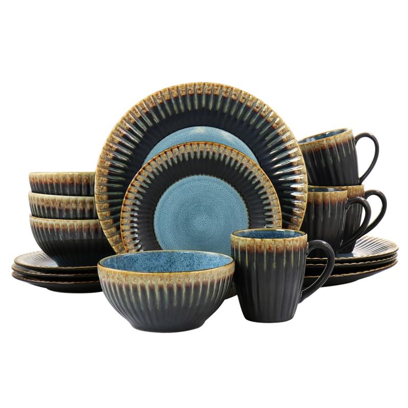 Elama Tavilla 16-Piece Round Stoneware Dinnerware Set, Brown/Blue MPN:995115334M