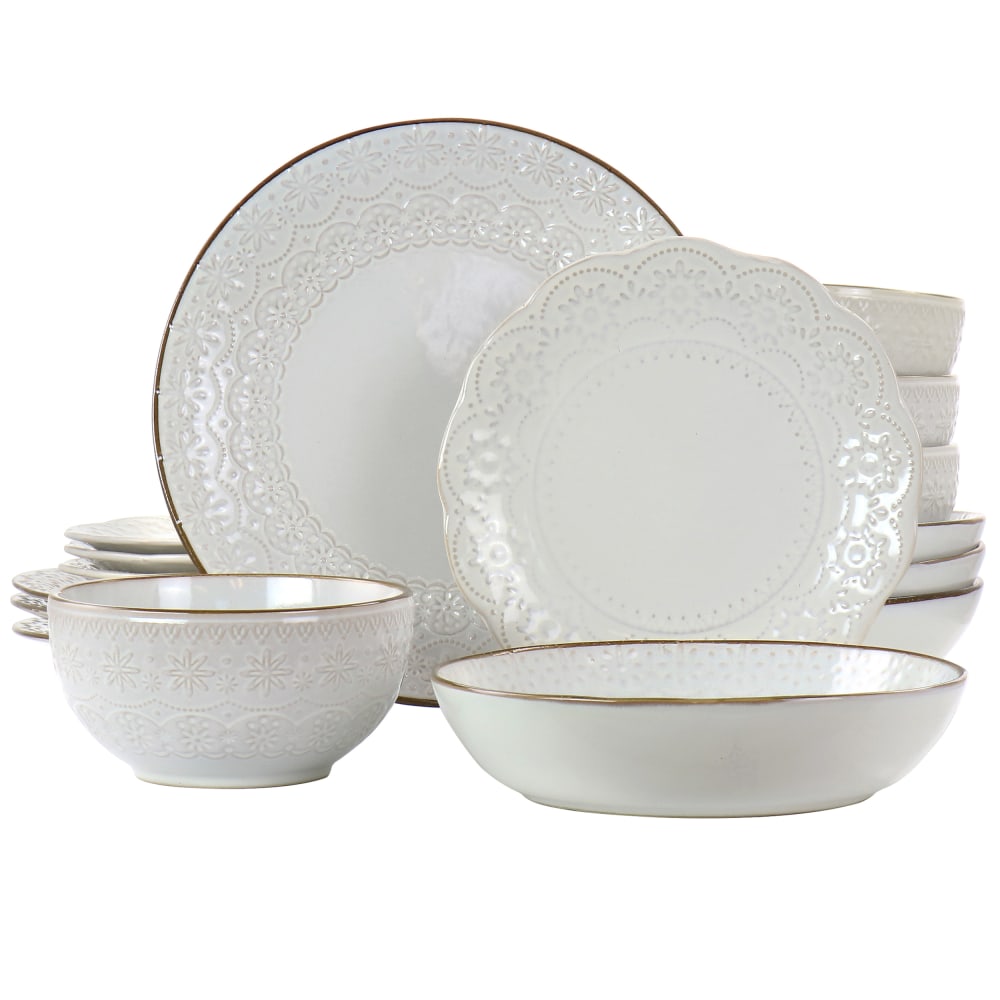 Elama Countess 16-Piece Embossed Double Bowl Stoneware Dinnerware Set, Ivory MPN:995115523M
