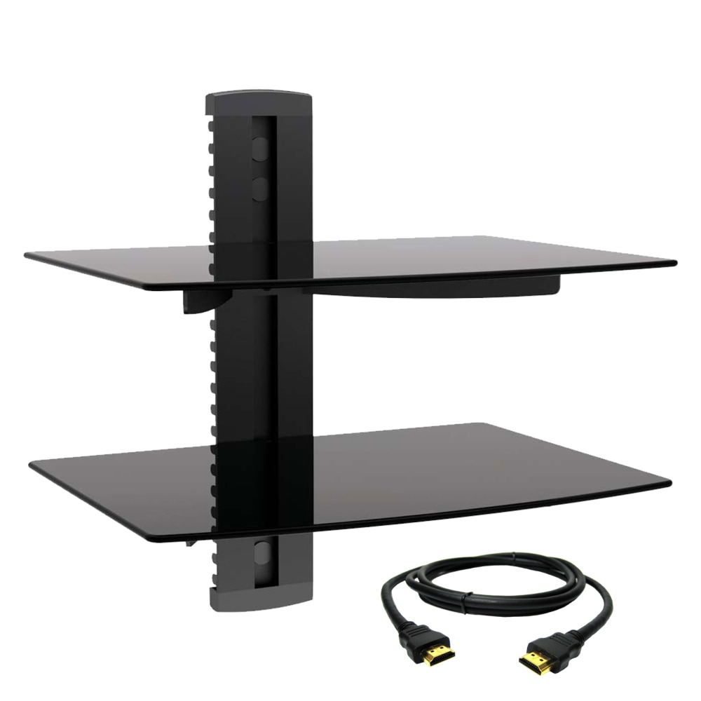 MegaMounts Tempered-Glass Double Shelf Wall Mount With HDMI Cable, 15inH x 14.25inW x 11inD, Black MPN:99593711M