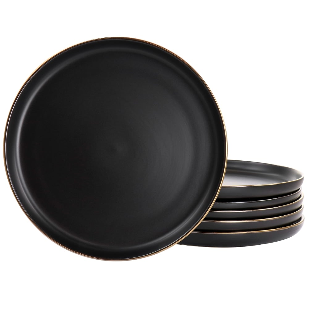 Elama Paul 6-Piece Round Stoneware Dinner Plate Set, 10-3/4in, Matte Black/Gold MPN:995116267M