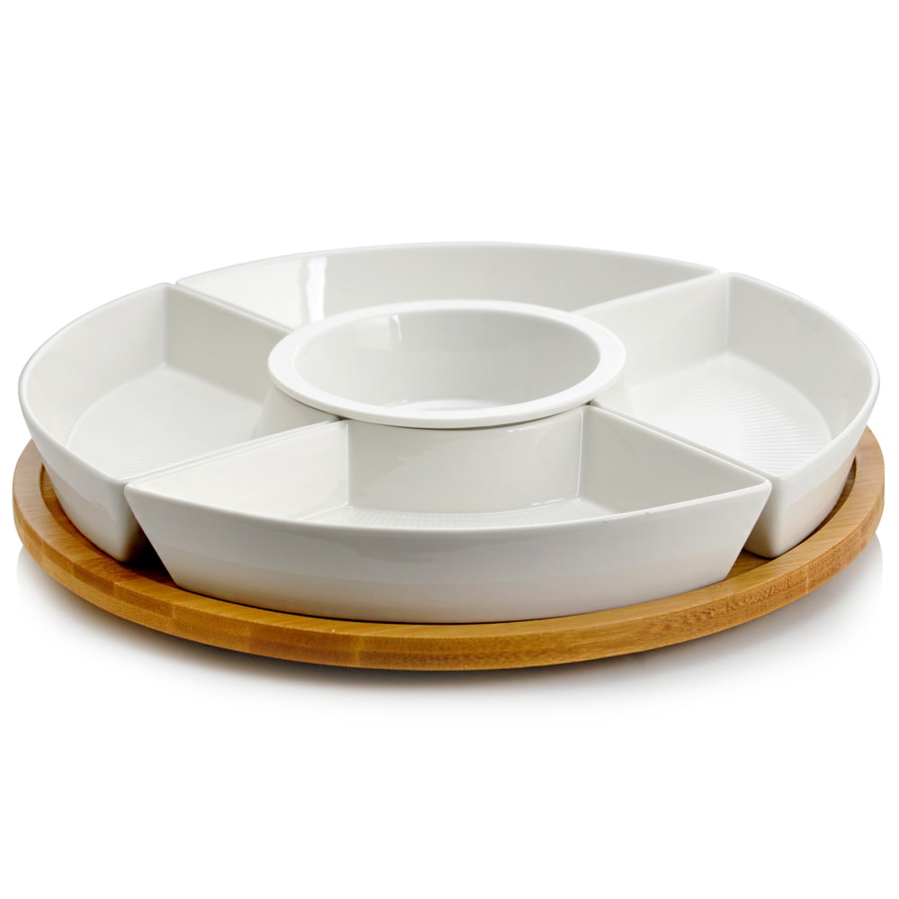 Elama Signature 6-Piece Lazy Susan Appetizer And Condiment Server Set, 2-1/4in x 12-1/4in, White/Bamboo MPN:99596456M
