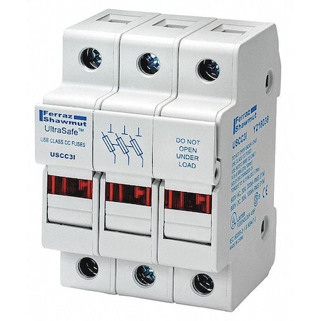 Finger Safe Fuse Block, 0 to 30A Amp Range, 600V AC/DC Volt Rating, 3 Poles, Pressure Plate MPN:USCC3I