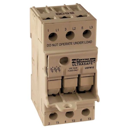 Finger Safe Fuse Block, 0 to 30A Amp Range, 600V AC/DC Volt Rating, 3 Poles, Screw MPN:USFM10