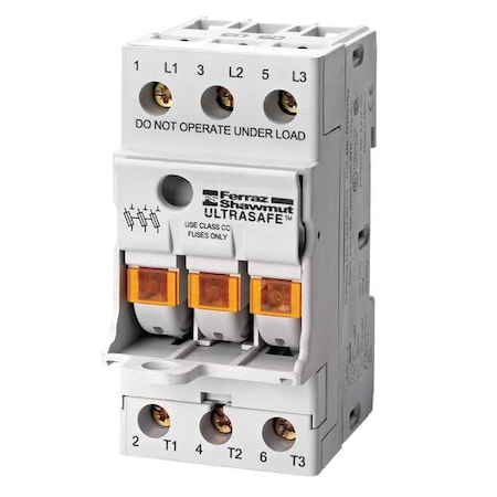 Finger Safe Fuse Block, 0 to 30A Amp Range, 600V AC/DC Volt Rating, 3 Poles, Screw MPN:USFM10I