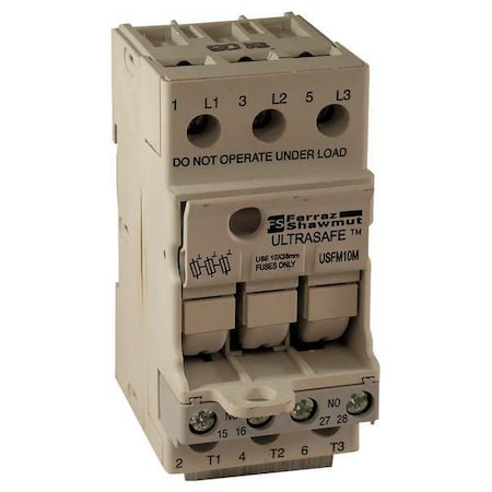 Finger Safe Fuse Block, 0 to 30A Amp Range, 600V AC/DC Volt Rating, 3 Poles, Screw MPN:USFM10M