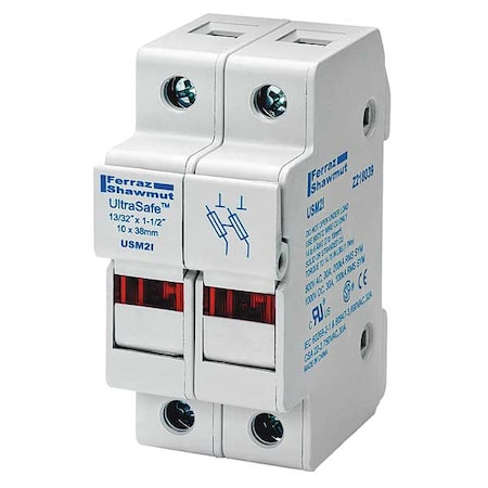 Finger Safe Fuse Block, 0 to 30A Amp Range, 600V AC/DC Volt Rating, 2 Poles, Pressure Plate MPN:USM2I
