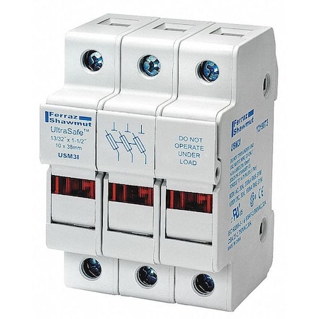 Finger Safe Fuse Block, 0 to 30A Amp Range, 600V AC/DC Volt Rating, 3 Poles, Pressure Plate MPN:USM3I