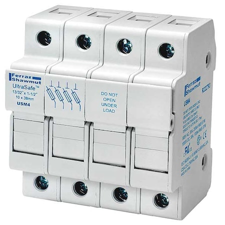 Finger Safe Fuse Block, 0 to 30A Amp Range, 800V AC/1000V DC Volt Rating, 4 Poles, Pressure Plate MPN:USM4