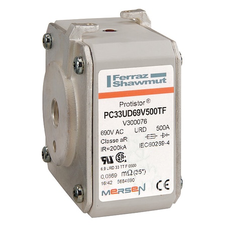 Semiconductor Fuse, PC33 Series, 500A, Fast-Acting, 690V AC, Square MPN:V300076