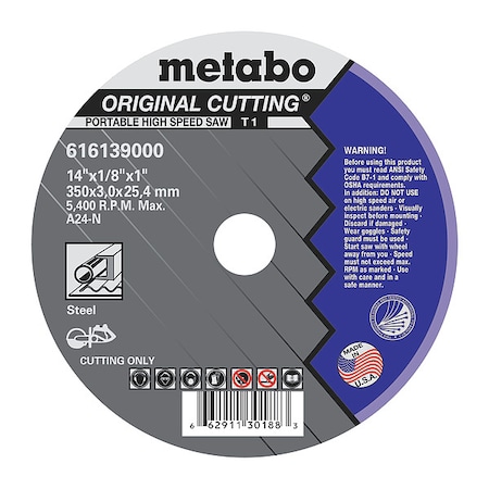 Abrasive Cut-Off Wheel, Type 1, 14 in Dia, 1/8 in Thick, 1 in Arbor Hole Size, Aluminum Oxide MPN:616139000