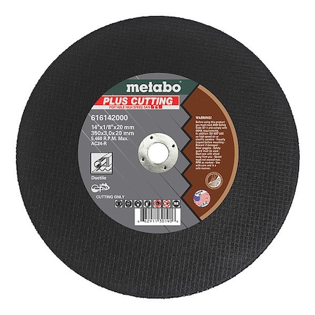 Abrasive Cut-Off Wheel, Type 1, 14 in Dia, 1/8 in Thick, 1 in Arbor Hole Size, Aluminum Oxide MPN:616149000