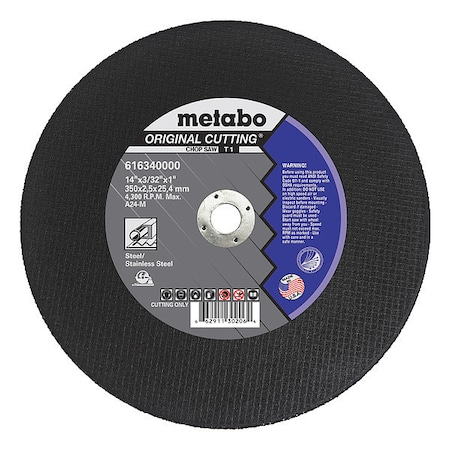Abrasive Cut-Off Wheel, Type 1, 14 in Dia, 3/32 in Thick, 1 in Arbor Hole Size, Aluminum Oxide MPN:616340000