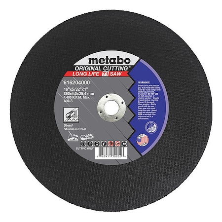 Abrasive Cut-Off Wheel, Type 1, 20 in Dia, 3/16 in Thick, 1 in Arbor Hole Size, Aluminum Oxide MPN:616366000