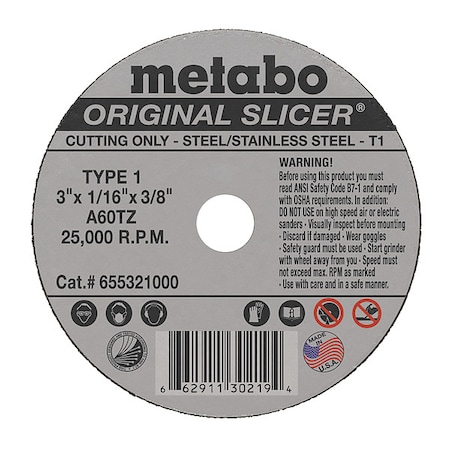 Abrasive Cut-Off Wheel, Type 1, 3 in Dia, 1/16 in Thick, 3/8 in Arbor Hole Size, Aluminum Oxide MPN:655321000