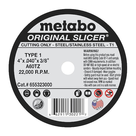 Abrasive Cut-Off Wheel, Type 1, 4 in Dia, 0.040 in Thick, 3/8 in Arbor Hole Size, Aluminum Oxide MPN:655323000