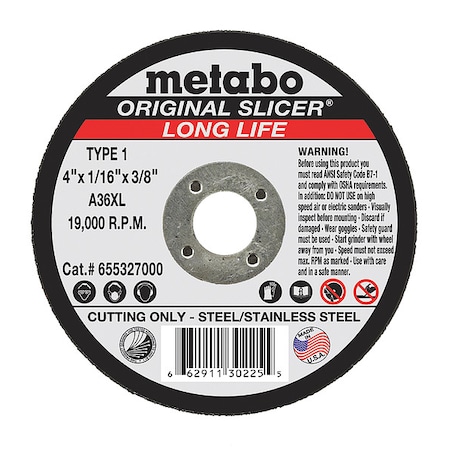 Abrasive Cut-Off Wheel, Type 1, 4 in Dia, 1/16 in Thick, 3/8 in Arbor Hole Size, Aluminum Oxide MPN:655327000