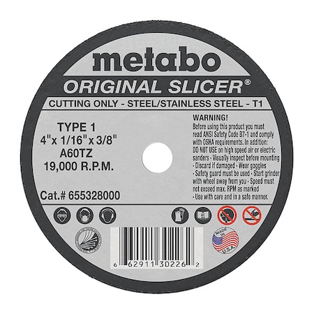 Abrasive Cut-Off Wheel, Type 1, 4 in Dia, 1/16 in Thick, 3/8 in Arbor Hole Size, Aluminum Oxide MPN:655328000