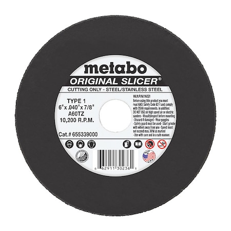 Abrasive Cut-Off Wheel, Type 1, 6 in Dia, 0.04 in Thick, 7/8 in Arbor Hole Size, Aluminum Oxide MPN:655339000