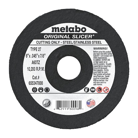 Abrasive Cut-Off Wheel, Type 27, 6 in Dia, 0.045 in Thick, 7/8 in Arbor Hole Size, Aluminum Oxide MPN:655347000