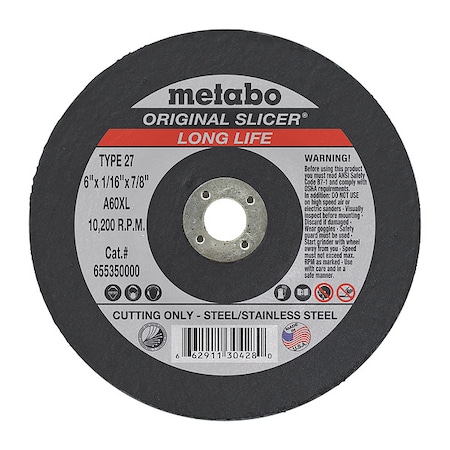 Abrasive Cut-Off Wheel, Type 27, 6 in Dia, 1/16 in Thick, 7/8 in Arbor Hole Size, Aluminum Oxide MPN:655350000