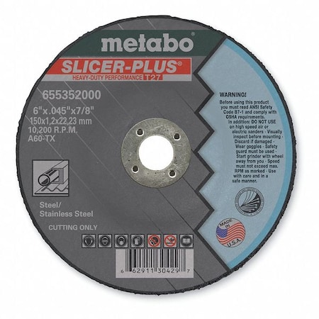 Abrasive Cut-Off Wheel, Type 27, 6 in Dia, 0.045 in Thick, 7/8 in Arbor Hole Size, A60TX Series MPN:655352000