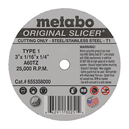 Abrasive Cut-Off Wheel, Type 1, 3 in Dia, 1/16 in Thick, 1/4 in Arbor Hole Size, Aluminum Oxide MPN:655358000