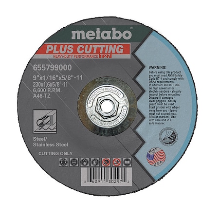 Abrasive Cut-Off Wheel, Type 27, 9 in Dia, 1/16 in Thick, 5/8 in-11 Arbor Hole Size, Aluminum Oxide MPN:655799000