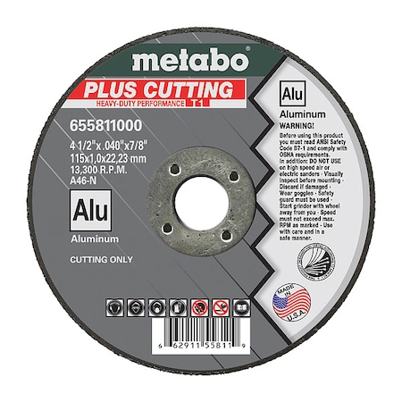 Abrasive Cut-Off Wheel, Type 1, 4-1/2 in Dia, 0.040 in Thick, 7/8 in Arbor Hole Size, A46N Series MPN:655811000