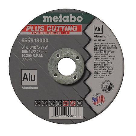 Abrasive Cut-Off Wheel, Type 1, 6 in Dia, 0.040 in Thick, 7/8 in Arbor Hole Size, A46N Series MPN:655813000