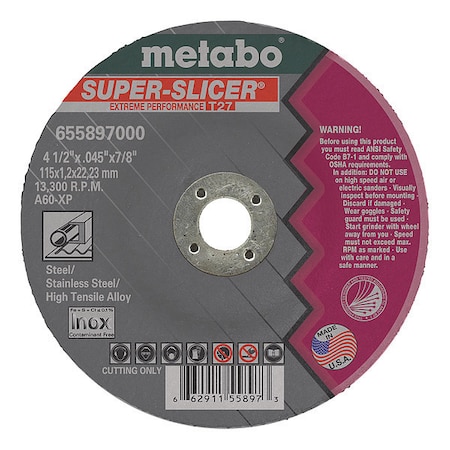 Abrasive Cut-Off Wheel, Type 27, 6 in Dia, 0.045 in Thick, 7/8 in Arbor Hole Size, Aluminum Oxide MPN:655899000