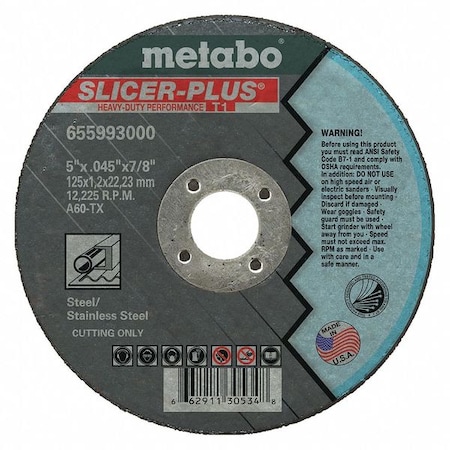 Abrasive Cut-Off Wheel, Type 1, 5 in Dia, 0.045 in Thick, 7/8 in Arbor Hole Size, Aluminum Oxide MPN:655993000