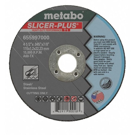 Abrasive Cut-Off Wheel, Type 1, 4 1/2 in Dia, 0.045 in Thick, 7/8 in Arbor Hole Size, 60 Grit MPN:655997000