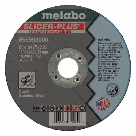 Abrasive Cut-Off Wheel, Type 1, 6 in Dia, 0.045 in Thick, 7/8 in Arbor Hole Size, Aluminum Oxide MPN:655998000