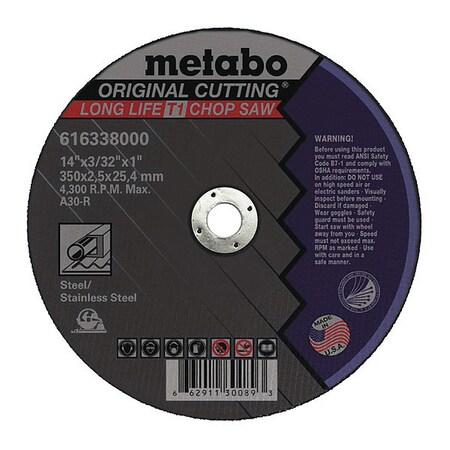 Abrasive Cut-Off Wheel, Type 1, 12 in Dia, 1/8 in Thick, 20 mm Arbor Hole Size, Aluminum Oxide MPN:US616136000