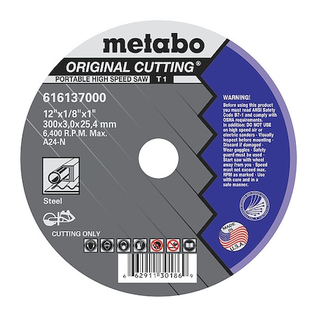 Abrasive Cut-Off Wheel, Type 1, 12 in Dia, 1/8 in Thick, 1 in Arbor Hole Size, Aluminum Oxide MPN:US616137000