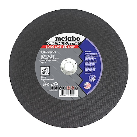 Abrasive Cut-Off Wheel, Type 1, 16 in Dia, 5/32 in Thick, 1 in Arbor Hole Size, Aluminum Oxide MPN:US616204000
