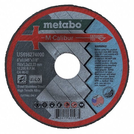 Abrasive Cut-Off Wheel, Type 27, 6 in Dia, 0.045 in Thick, 7/8 in Arbor Hole Size, Ceramic MPN:US616274000