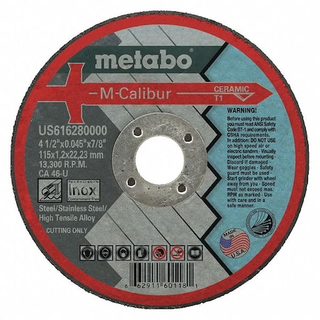 Abrasive Cut-Off Wheel, Type 1, 4 1/2 in Dia, 0.045 in Thick, 7/8 in Arbor Hole Size, Ceramic MPN:US616280000