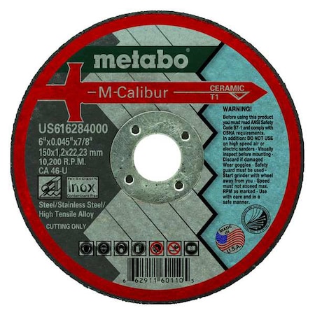 Abrasive Cut-Off Wheel, Type 1, 6 in Dia, 0.045 in Thick, 7/8 in Arbor Hole Size, Ceramic, 46 Grit MPN:US616284000